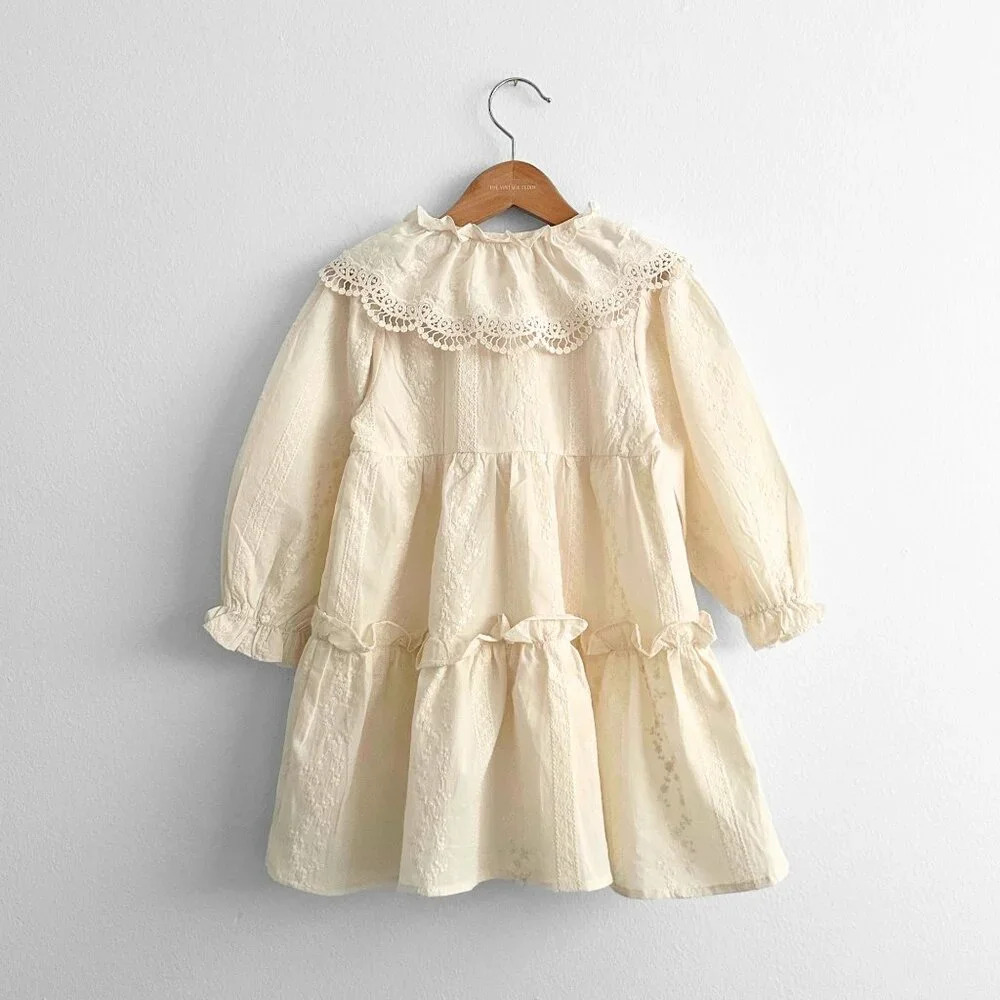 NWT Pretty Girls Eyelet Embroidered Lace Bib Collar Long Sleeve Dress Cream 4T - Picture 2 of 4
